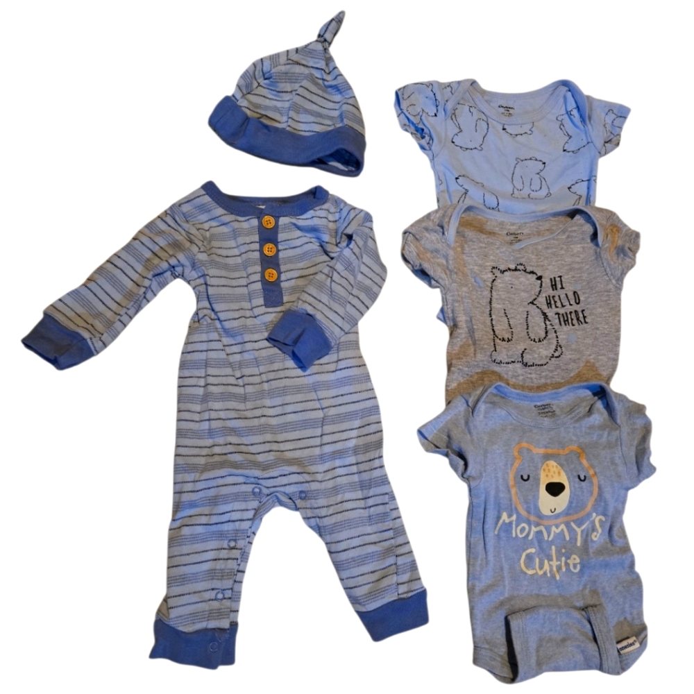 Blue Baby Bear One Piece Boutique Ouyfit With Hat And 3 Baby Bear Gerber Onsies